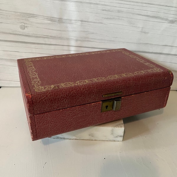 Beautiful 1950s Burgundy Jewelry Box with Gold Accents