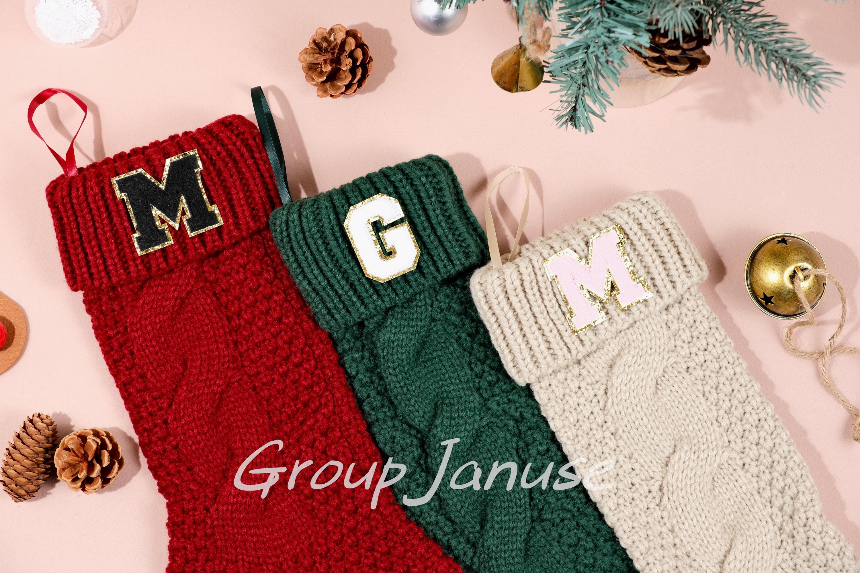 Personalized Knitted Christmas Stockings with Patches - Customizable Initials for Festive Family Décor, Holiday Cheer & Unique Gifts