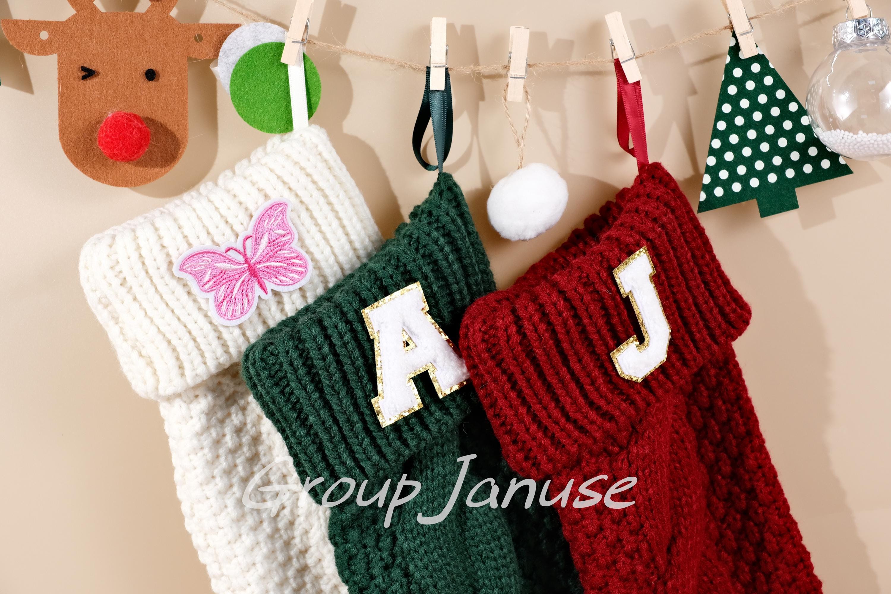 Personalized Knitted Christmas Stockings with Patches - Customizable Initials for Festive Family Décor, Holiday Cheer & Unique Gifts