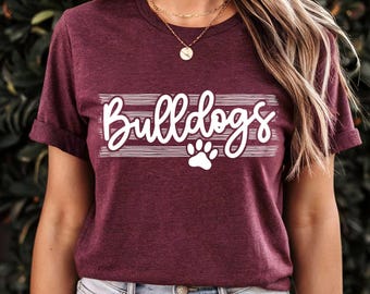 BULLDOGS on stripes spirit t-shirt, mascot team Spirit wear for baseball, baseball mom shirt, football shirt, teacher shirt