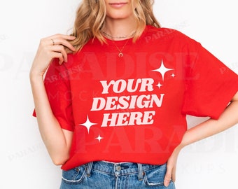 Gildan 5000 Red Mockup, Model T-Shirt Mockups, Oversized Tee Shirt Mock-Up, Simple White Background TShirt Mock Up, G5000 Real Model Mock