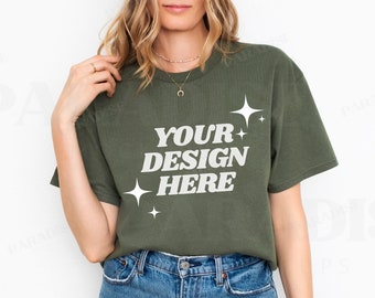 Gildan 5000 Military Mockup, Model T-Shirt Mockups, Oversized Green Tee Shirt Mock-Up, POD Real Model Mock, White Background TShirt Mock Up