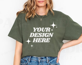 Gildan 5000 Military Mockup, Model T-Shirt Mockups, Oversized Green Tee Shirt Mock-Up, White Background TShirt Mock Up, POD Real Model Mock