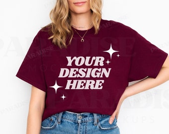 Gildan 5000 Maroon Mockup, Model T-Shirt Mockups, Oversized Dark Red Tee Shirt Mock-Up, POD Real Model Mock, White Background TShirt Mock Up