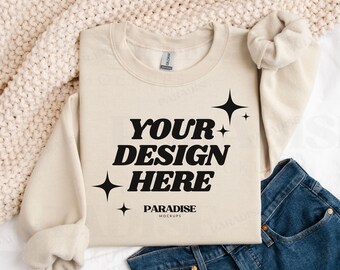 Gildan 18000 Sand Sweatshirt Mockup, Folded Flat Lay Crewneck Mock Up, G180 Real Photo Flatlay Mockups, Neutral Cozy Aesthetic Mock