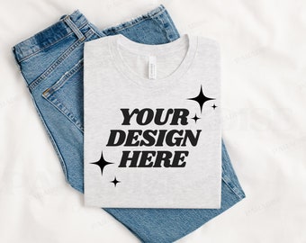 Bella Canvas 3001 Ash Mockup, Gray Flat Lay Tee Shirt Mockups, Folded Grey Flatlay T-Shirt Mock Up, Simple Styled BC3001 TShirt POD Mock-up