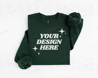 Gildan SF000 Forest Sweatshirt Mockup, Folded Flat Lay Mock Up, Softstyle Green Crewneck Sweater Flatlay, Real Photo White Background Mock