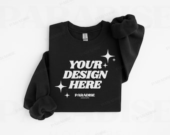 Gildan 18000 ブラックスウェットシャツ折りたたみモックアップ、フラットレイクルーネックモックアップ、シンプルでクリーンなセーター G180 モックアップ、G18000 フラットレイ POD 写真モックアップ