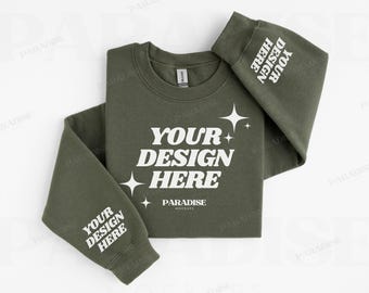 Gildan 18000 Military Green Sweatshirt Sleeve Mockup, Flat Lay Crewneck Mock Up, Simple Clean Folded Sweater Mock-up, Sleeve Print Mockups