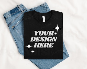 Bella Canvas 3001 Black Mockup, Folded Flatlay T-Shirt Mock Up, Styled Bella Canvas 3001 TShirt Mock-up, Simple Flat Lay Tee Shirt Mockups