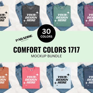 May include: A mockup bundle showcasing folded t-shirts in diverse colours, each presented with denim jeans. The shirts display the text "YOUR DESIGN HERE" with a starburst graphic. The image includes the text "COMFORT COLORS 1717 MOCKUP BUNDLE".