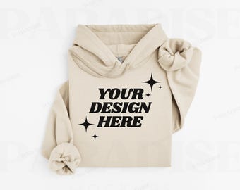 Gildan 18500 Sand Hoodie Folded Mockup, Flat Lay Tan Hooded Sweatshirt Mock Up, Simple Clean Sweater G185 Mock-up, Flatlay POD Mockups