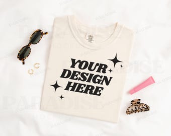 Comfort Colors 1717 Ivory T-Shirt Mockup, Folded Flat Lay TShirt Mock Up, Trendy Styled Flatlay Mockup, Tee Shirt Mock-Up, Real Photo Mockup