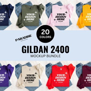 May include: A mockup bundle of Gildan 2400 sweatshirts in various colours, including navy, olive green, pink, and yellow. Each sweatshirt displays the text "YOUR DESIGN HERE" in white. The image also includes the text "20 COLORS" and "PARADISE MOCKUPS".