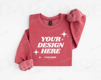Gildan 18000 Heather Scarlet Red Sweatshirt Mockup, Folded Crewneck Flat Lay, Real Photo G180 Sweater, Simple Clean POD Mockups
