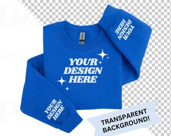 Gildan 18000 Royal Sleeve Print Mockup, Transparent Background Mock Up, Folded Blue Sweatshirt Flat Lay Mock-up, PNG Sweater Flatlay Mockups