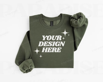 Gildan SF000 Military Green Sweatshirt Mockup, Folded Flat Lay Mock Up, Softstyle Crewneck Sweater Flatlay, Real Photo White Background Mock