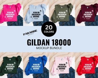 Gildan 18000 Sweatshirt Mockup Bundle, gefaltetes Flat Lay Crewneck MockUp, G180 Real Photo Flatlay Mockups, Neutrales, gemütliches, ästhetisches Mockup