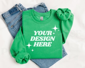 Gildan 18000 Irish Green Sweatshirt Mockup, Folded Flat Lay Crewneck Mock Up, Simple Styled Mockups, Gildan Flatlay Sweater G18000 Mock-up