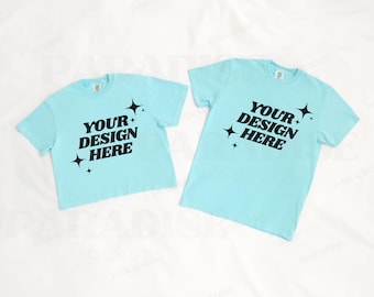 Comfort Colors 3023CL & 1717 Chalky Mint Mockup, Flat Lay T-Shirt Mock Up, Flatlay Tee Shirt Mockups, 3023 Crop TShirt Real Photo Mock-Up