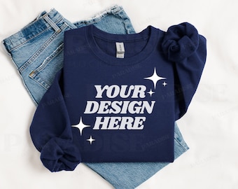 Gildan 18000 Navy Sweatshirt Mockup, Folded Blue Flat Lay Crewneck Mock Up, Simple Styled Mockups, Gildan Navy Flatlay Sweater G180 Mock-up