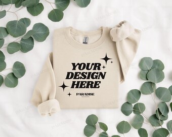 Gildan 18000 Sand Mockup | Folded Flat Lay Sweatshirt Mockup | Crewneck Mockup with Leaves | Real Photo