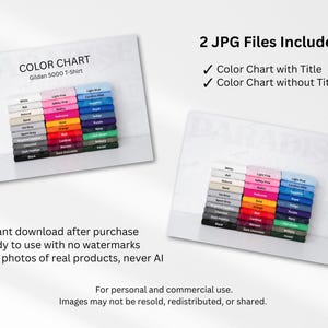 K&ouml;nnte beinhalten: Eine digitale Farbkarte f&uuml;r Gildan 5000 T-Shirts mit zwei Versionen, eine mit dem Titel COLOR CHART und eine ohne. Die Karte zeigt ein Raster aus gefalteten Stoffmustern in verschiedenen Farben, darunter Wei&szlig;, Grau, Rosa, Blau und Schwarz.