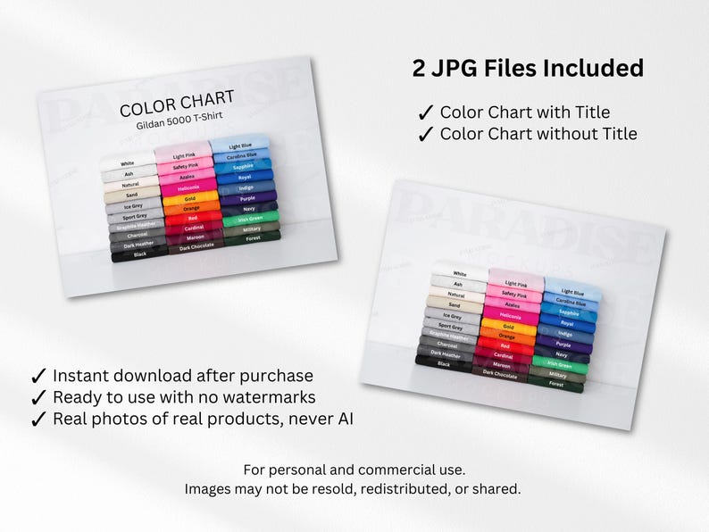K&ouml;nnte beinhalten: Eine digitale Farbkarte f&uuml;r Gildan 5000 T-Shirts mit zwei Versionen, eine mit dem Titel COLOR CHART und eine ohne. Die Karte zeigt ein Raster aus gefalteten Stoffmustern in verschiedenen Farben, darunter Wei&szlig;, Grau, Rosa, Blau und Schwarz.