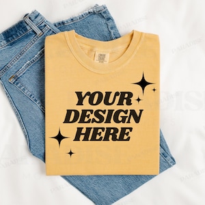 Comfort Colors 1717 Mustard T-Shirt Mockup, Folded Yellow Flatlay Tee Shirt Mock Up, Simple Styled Flat Lay Mockups, Folded TShirt Mock-up
