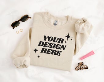 Gildan 18000 Sand Sweatshirt Mockup, Folded Flat Lay Tan Crewneck Mock Up, Trendy G180 Mockups, Beige Sweater Flatlay, Real Photo Mock-Up