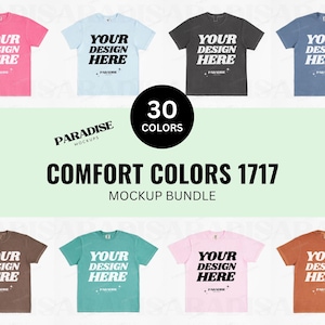 Comfort Colors 1717 モックアップバンドル、Tシャツフラットレイモックアップ、ミニマルフロントビューフラットレイTシャツモックアップ、シンプルなC1717実製品写真モックアップ