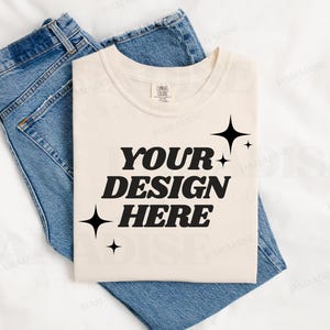 Comfort Colors 1717 Ivory Mockup, Folded Flatlay T-Shirt Mock Up, Simple Styled Flat Lay Tee Shirt Mockups, Off White Folded TShirt Mock-up