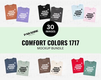 Puede incluir: Un paquete de maquetas con camisetas Comfort Colors 1717 en varios colores. Cada camiseta muestra el texto "YOUR DESIGN HERE" con un gráfico de estrella. La imagen incluye un gráfico de "30 IMÁGENES" y el texto "COMFORT COLORS 1717 MOCKUP BUNDLE".