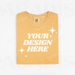 Comfort Colors 1717 Mustard Mockup, Folded Yellow Flat Lay T-Shirt Mock Up, Flatlay Tee Shirt Mockups, White Background TShirt POD Mock-up