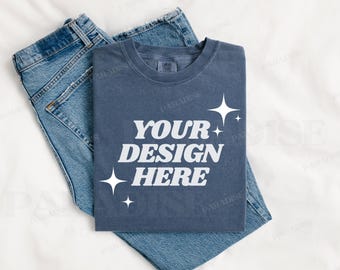 Comfort Colors 1717 Denim Mockup, Folded Flatlay T-Shirt Mock Up, Simple Styled Flat Lay Tee Shirt Mockups, 1717 Blue Folded TShirt Mock-up