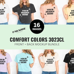 May include: A mockup bundle featuring Comfort Colors 3023CL t-shirts in various colors, including white, black, pink, and yellow. Each shirt displays the text "YOUR DESIGN HERE" with star graphics. The image includes the Paradise Mockups logo and the text "16 IMAGES".