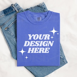 Comfort Colors 1717 Flo Blue T-Shirt Mockup, Folded Flatlay Tee Shirt Mock Up, Simple Styled Flat Lay Mockups, 1717 Folded TShirt Mock-up