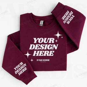 Gildan 18000 Maroon Sweatshirt Sleeve Mockup, Flat Lay Crewneck Mock Up, Simple Clean Folded Sweater Mock-up, G180 Red Sleeve Print Mockups