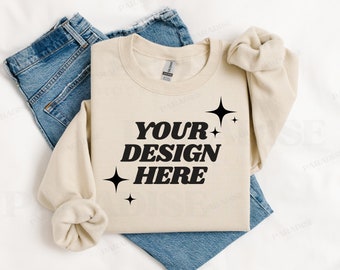 Gildan 18000 Sand Sweatshirt Mockup, Folded Tan Flat Lay Crewneck Mock Up, Simple Styled Beige Mockups, Flatlay Sweater G180 POD Mock-up