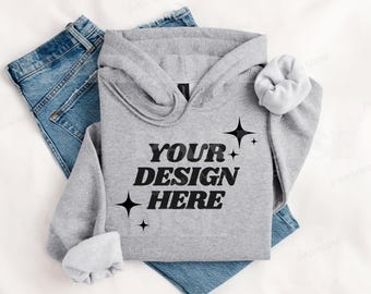 Gildan 18500 Sport Grey Hoodie Mockup, Folded Flat Lay Hooded Sweatshirt Mock Up, Simple Styled Gray Sweater Mock-up, G18500 Flatlay Mockups