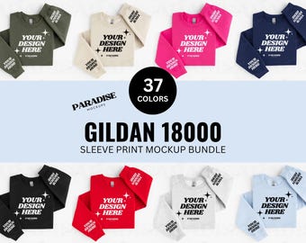 Gildan 18000 Sweatshirt Mockup Bundle, Sleeve Print Folded Crewneck Flat Lay, White Background Real Photo, POD Product Mockups