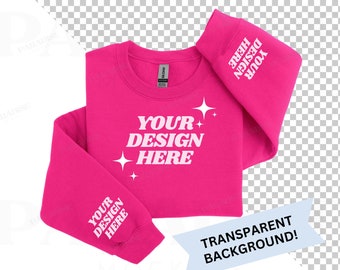 Gildan 18000 Heliconia Sleeve Print Mockup, Transparent Background Mock Up, Folded Pink Sweatshirt Flat Lay Mock-up, PNG Flatlay Mockups