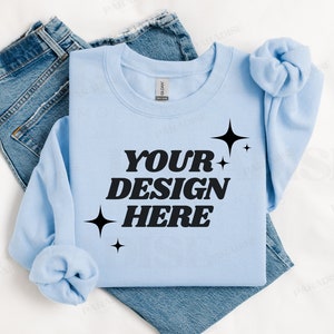 Gildan 18000 Light Blue Sweatshirt Mockup, Folded Flat Lay Crewneck Mock Up, Simple Styled Mockups, Blue Flatlay Sweater G180 Mock-up,
