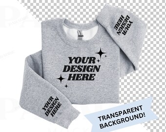 Gildan 18000 Sport Grey Sleeve Print Mockup, Transparent Background Mock Up, Folded Gray Sweatshirt Flat Lay Mock-up, PNG Flatlay Mockups