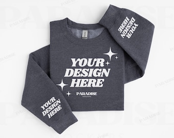 Gildan 18000 Dark Heather Sweatshirt Sleeve Mockup, Flat Lay Crewneck Mock Up, Simple Folded Sweater Mock-up, Grey Sleeve G180 Print Mockups
