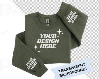 Gildan 18000 Military Sleeve Print Mockup, Transparent Background Mock Up, Folded Green Sweatshirt Flat Lay Mock-up, PNG Flatlay Mockups