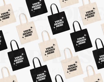 May include: A flat lay of multiple tote bags with black and white text that reads "Your Design Here" on a white background. The tote bags are made of canvas and have a variety of colors, including black, white, and beige.