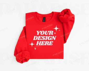 Gildan SF000 Red Sweatshirt Mockup, Folded Flat Lay Mock Up, Softstyle Crewneck Sweater Flatlay Mock, Real Photo White Background Mockups