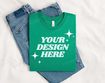 Bella Canvas 3001 Kelly Green Mockup, Folded Flatlay T-Shirt Mock Up, Styled BC3001 TShirt Mock-up, Simple Flat Lay Tee Shirt POD Mockups