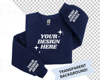 Gildan 18000 Navy Sleeve Print Mockup, Transparent Background Mock Up, Folded Dark Blue Sweatshirt Flat Lay Mock-up, PNG Flatlay Mockups